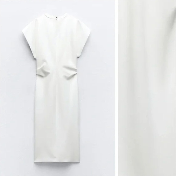 Zara Scuba Effect Round Neck Ruched Waist White Midi Dress Size M NWT - Picture 6 of 13